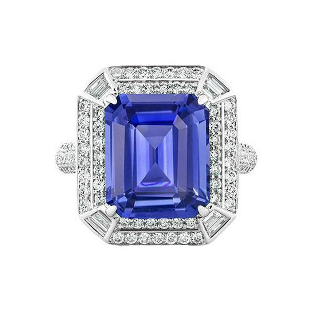 67799 Emerald Shaped Diamond Blue 4.50 CT Pave Set Accents Sapphire Ring, Size 6.5