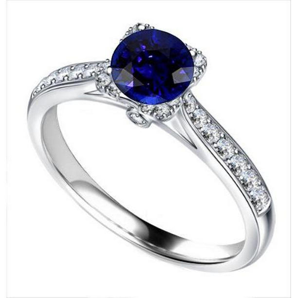 2.50 CT White Gold Deep Blue Sapphire with Accents Diamond Ring, Size 6.5