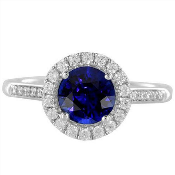 68208 3.50 CT Sparking Diamond Round Cut Ceylon Sapphire Halo Ring, Gold - Size 6.5