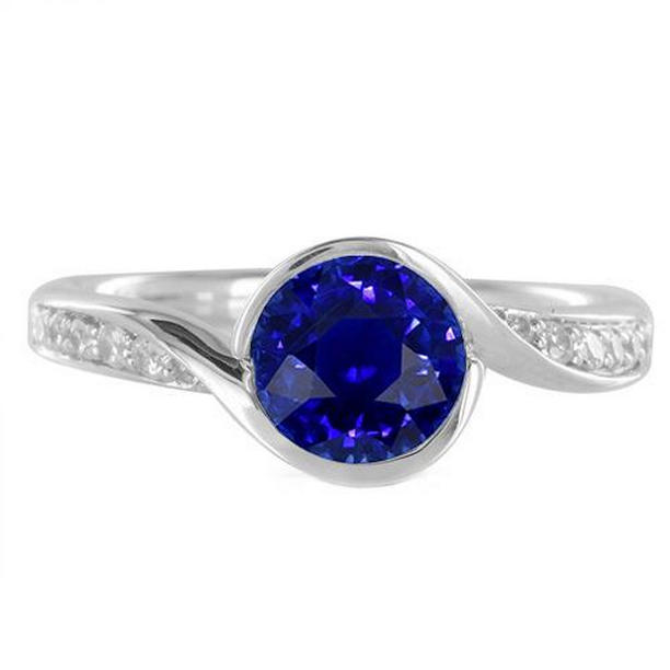 68209 Round Diamond & Blue 2.50 CT Bypass Style Gold Shank Sapphire Ring, Size 6.5