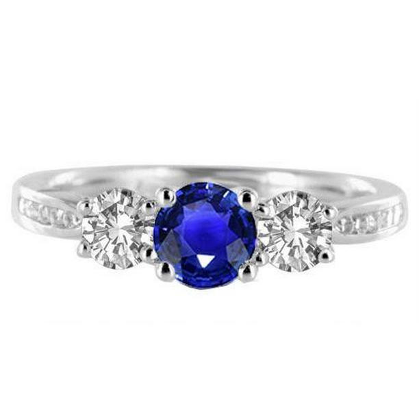 68211 2 CT 3 Stone Style Round Diamond Blue Sapphire Ring with Accents, Size 6.5
