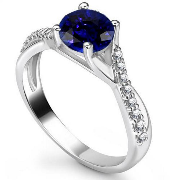 68217 2.50 CT Sapphire Solitaire Ring with Diamond Accents Twisted Shank, Size 6.5