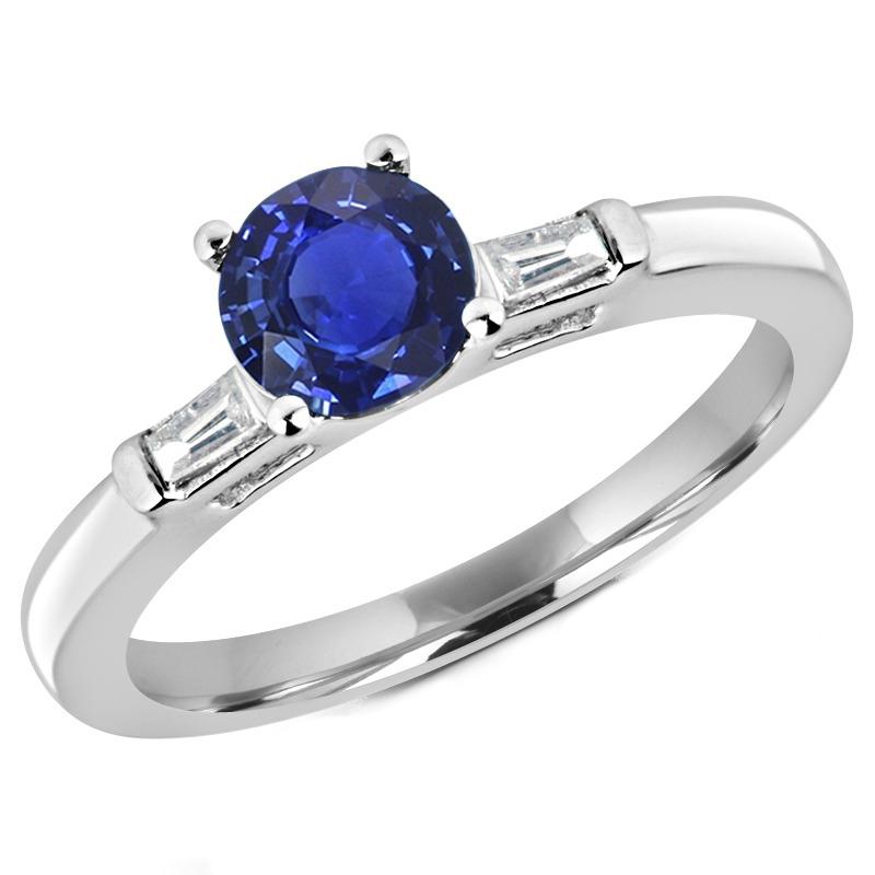 68232 2.25 CT Three Stone Baguette Diamond & Round Blue Sapphire Ring, Size 6.5