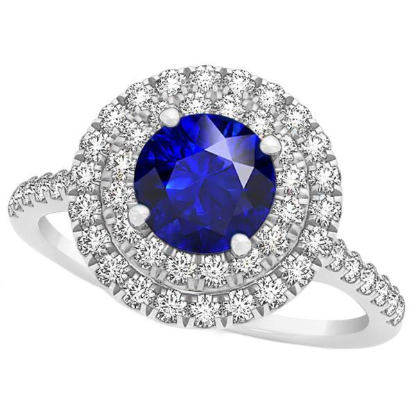 68237 Diamond Round Blue Double Halo 4 CT Womens Sapphire Ring, 14K Gold - Size 6.5