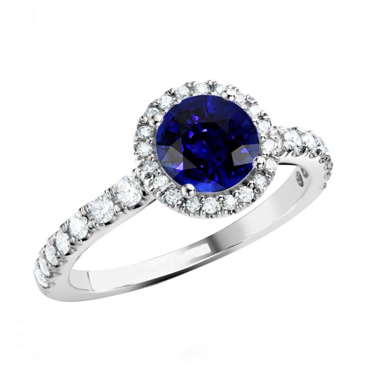 68238 3.50 CT Diamond Halo Blue Sapphire Gemstone Wedding Ring, Size 6.5