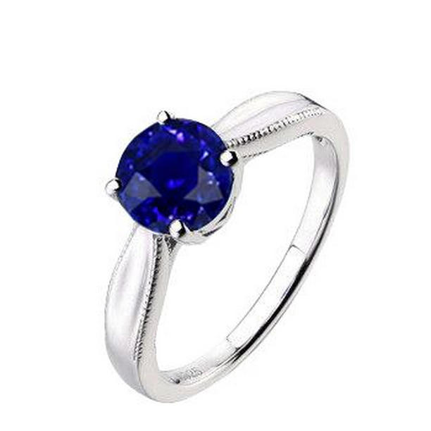68241 1 CT Round Gemstone Ceylon Sapphire Milgrain Shank Solitaire Ring, Size 6.5