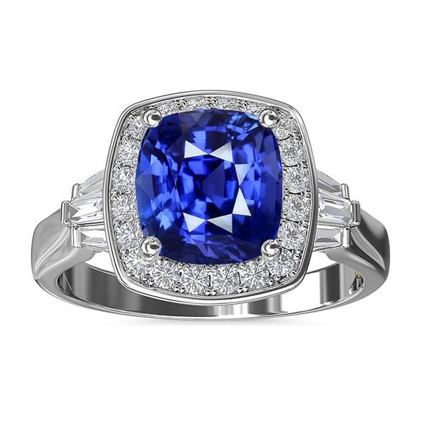 68253 4 CT Halo Cushion Baguette & Round Diamonds Sapphire Ring, Size 6.5