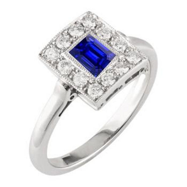68650 Vintage Style Emerald Shaped Sapphire 2 CT Gold Milgrain Halo Ring, Size 6.5