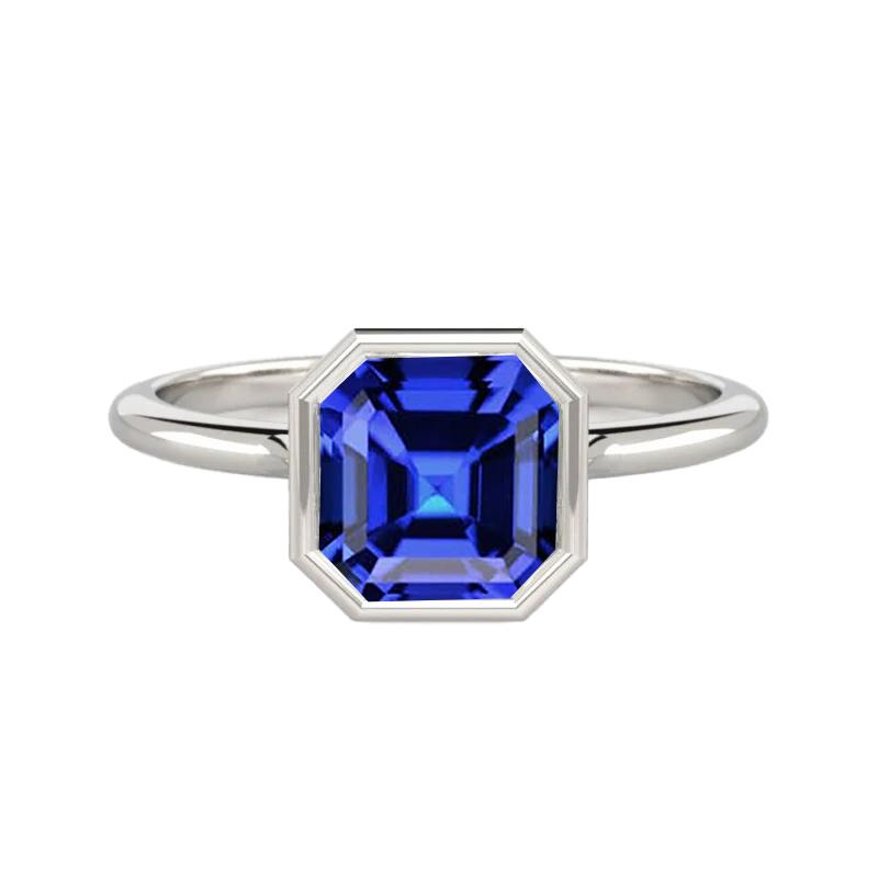 2 CT Solitaire Gold Bezel Set Asscher Natural Sapphire Ring, Size 6.5