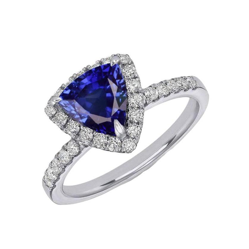 68672 3 CT Halo Trillion Blue Sapphire Ring & Accents Diamonds, Size 6.5