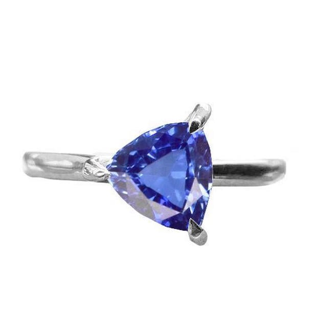1.50 CT Trillion Shaped Prong Set Blue Sapphire Solitaire Ring, Size 6.5