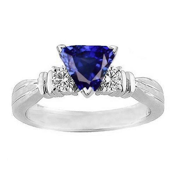 68685 1.75 CT Round Diamond Three Stone Trillion Ceylon Sapphire Ring, Size 6.5