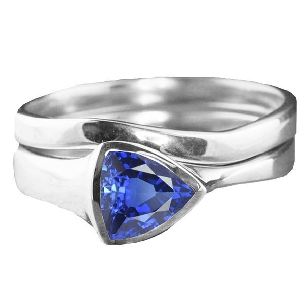68689 Solitaire Wedding Ring Set Trillion Sapphire 1.50 CT Bezel Set, Size 6.5