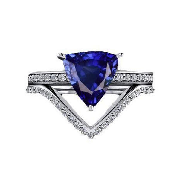 68691 3 CT Gold Round Diamond Engagement Ring Set with Trillion Sapphire, Size 6.5