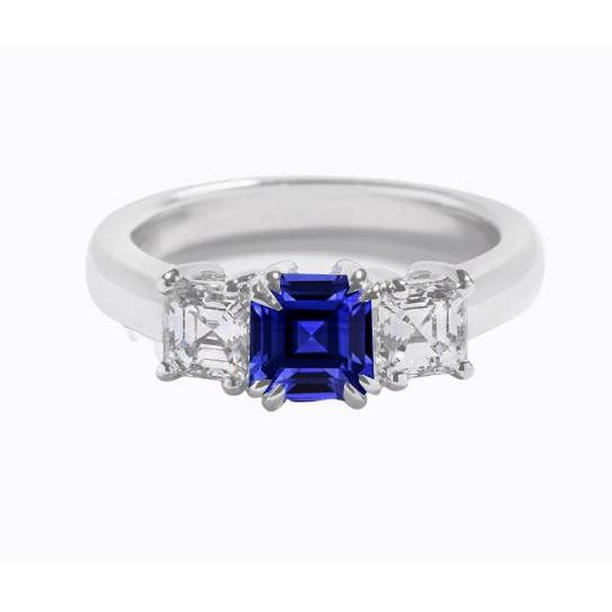 68696 2.50 CT Three Stone Asscher Ceylon Sapphire & Diamonds Ring, Size 6.5