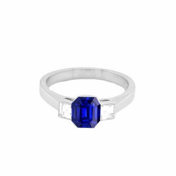 68697 1.50 CT 3 Stone Asscher Blue Sapphire & Princess Diamonds Ring, Size 6.5