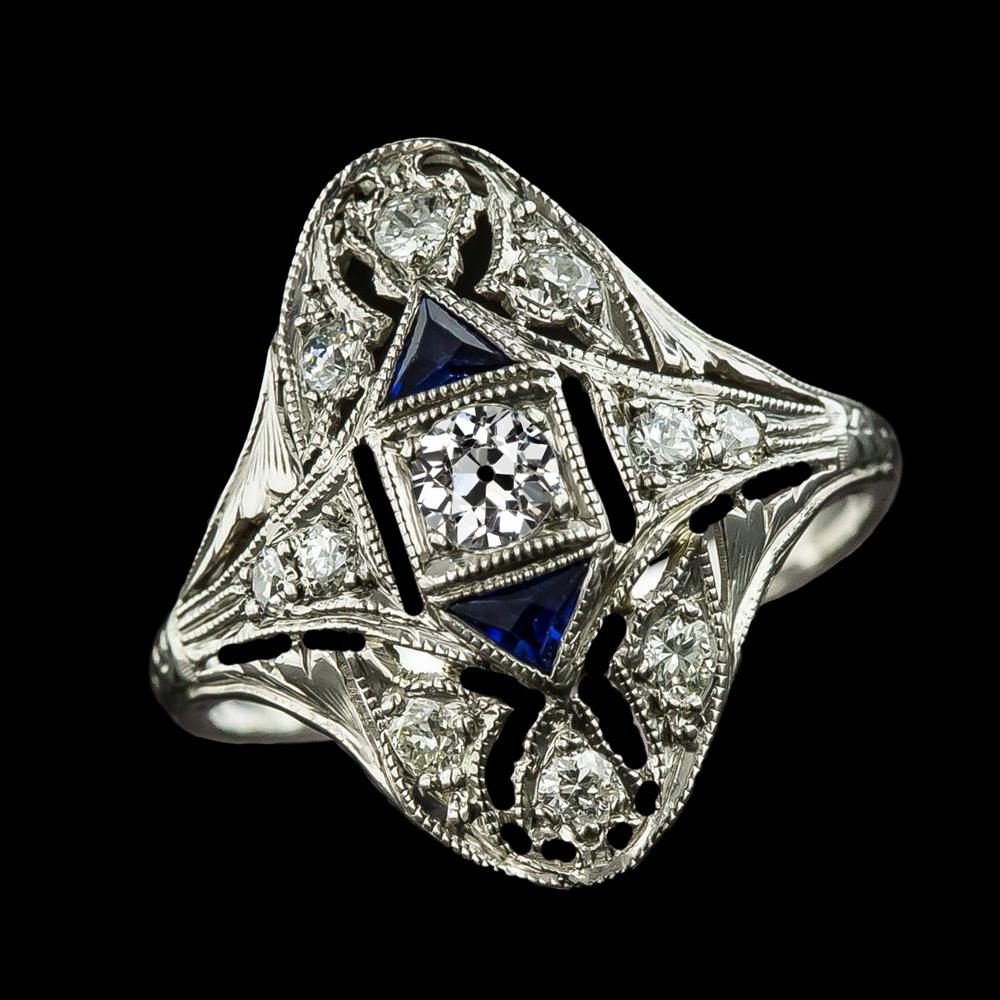 69139 2.25 CT Vintage Style Round Old Miner Diamond Blue Sapphire Ring, Size 6.5