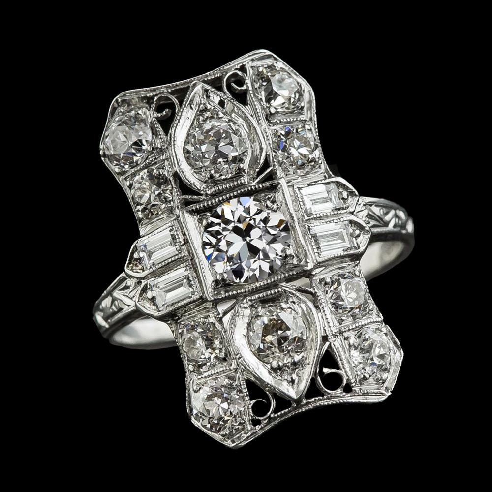 69146 3.50 CT Antique Style Round Old Mine Cut Diamond Baguettes Ring, Size 6.5