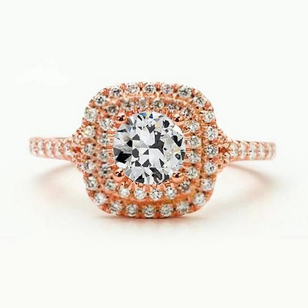 70787 3 CT Double Old Mine Cut Diamond Rose Gold Halo Ring, Size 6.5