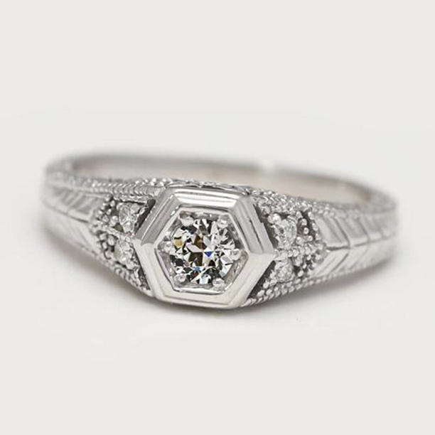 70795 1 CT Round Old Mine Cut Diamond Vintage Style Wedding Ring, Size 6.5