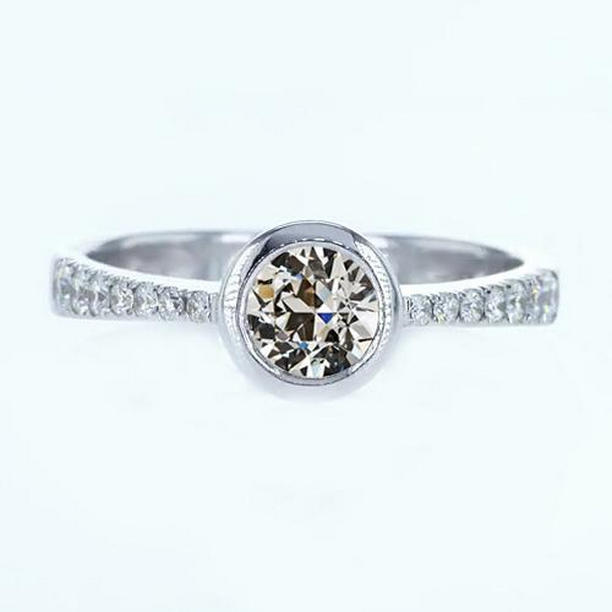 2.25 CT Round Old Mine Cut Diamond Bezel Set Engagement Ring, Size 6.5