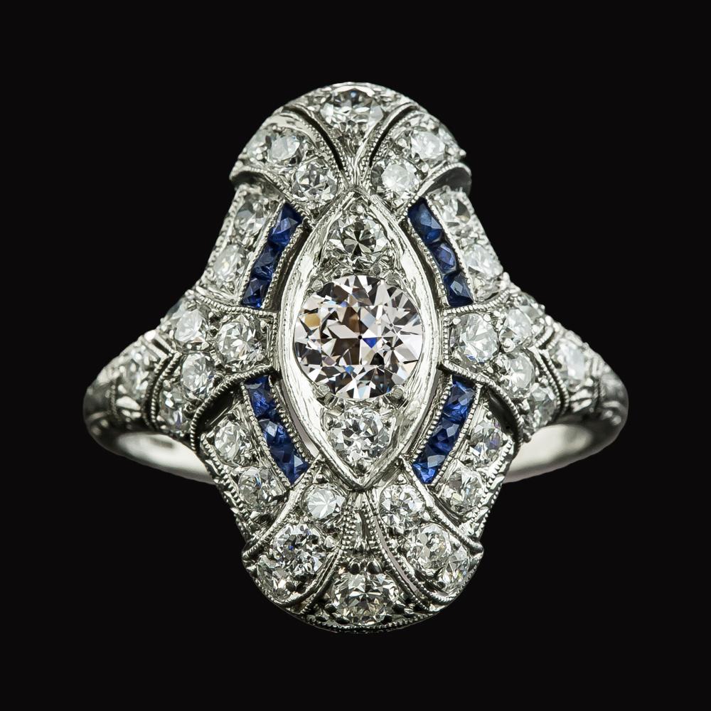 70830 4 CT Round Old Cut Diamond Baguette Sapphires Milgrain Ring, Size 6.5