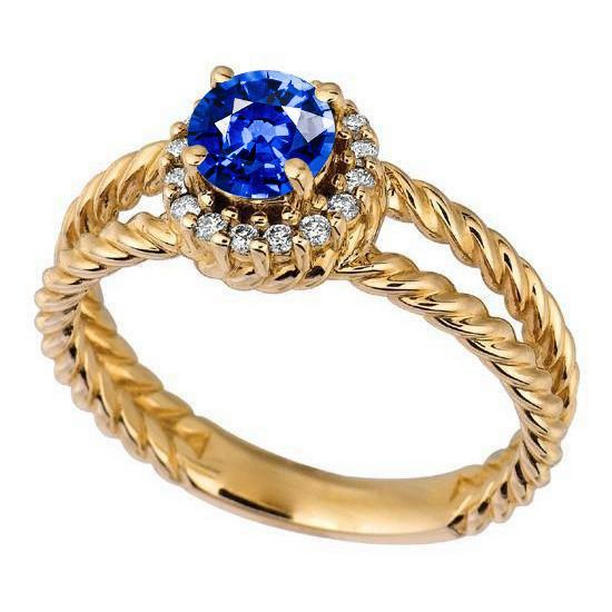 8114 2 CT Round Sapphire & Diamond Fancy Ring, 14K Yellow Gold - Size 6.5