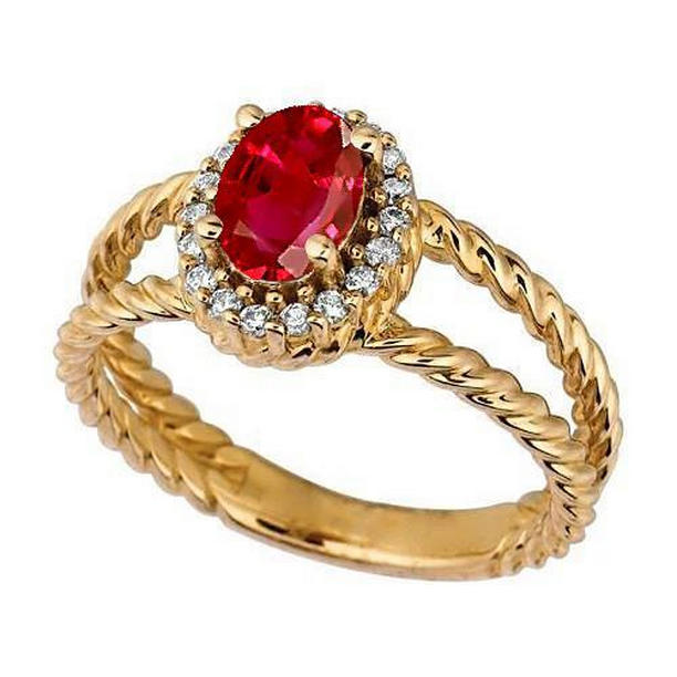 8168 1.25 CT Round Diamond & Oval Ruby Fancy Ring, 14K Yellow Gold - Size 6.5