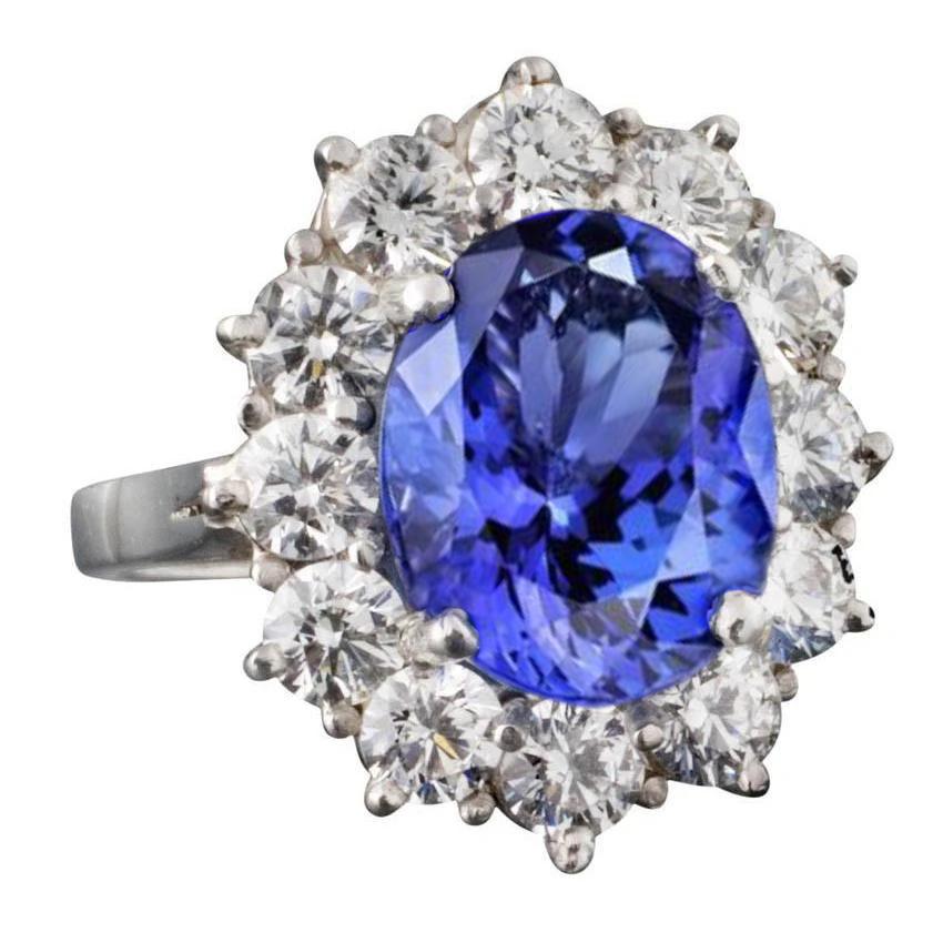 8519 Sparkling 6 CT Oval AAA Tanzanite & Round Diamonds Ring, Size 6.5