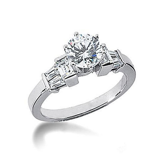 13298 1.60 CT Round & Baguette Diamond White Gold Engagement Ring, Size 6.5