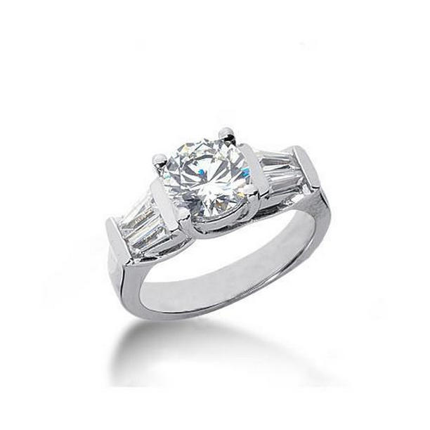 2 CT Round & Baguette Diamonds Three Stone Style Ring, Size 6.5