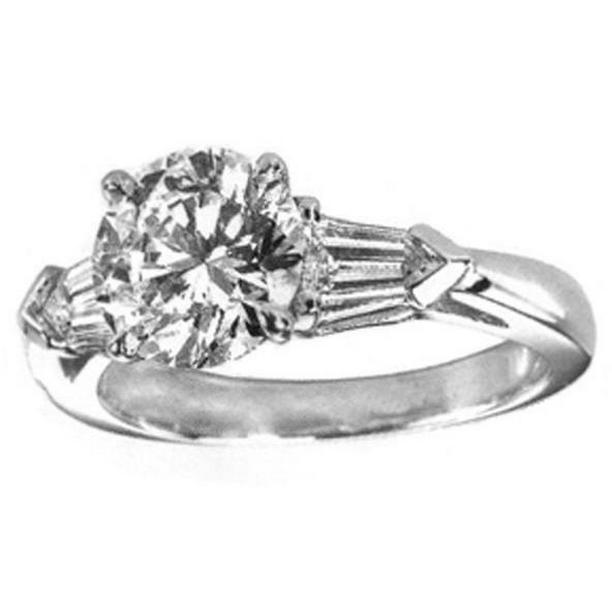 13708 2.70 CT Diamond Round & Baguette Cut Three Stone Ring, Size 6.5