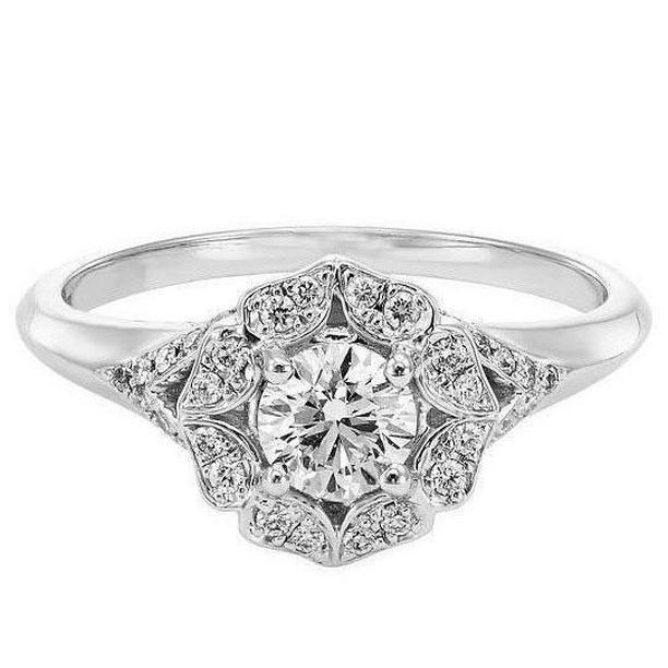2 CT Antique Style Round Diamond Engagement Ring, 14K White Gold - Size 6.5