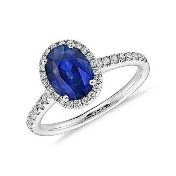 27364 2.25 CT Halo Blue Sapphire & Diamond Engagement Ring, 14K Gold - Size 6.5
