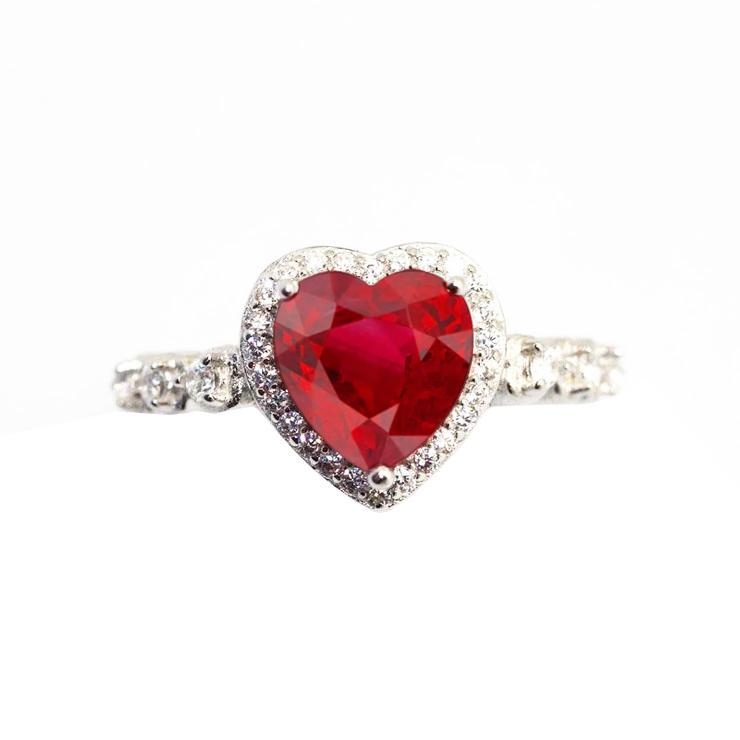 27479 5.50 CT Heart Shaped Ruby Halo Round Diamond Ring, 14K White Gold - Size 6.5