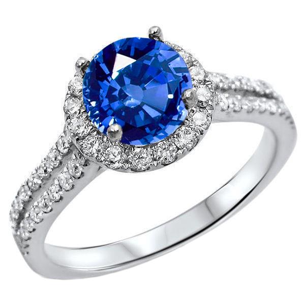 5 CT Round Ceylon Sapphire with Diamonds Ring, 14K White Gold - Size 6.5