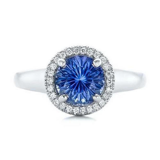 3.75 CT Ceylon Sapphire & Diamonds Engagement Ring, 14K White Gold - Size 6.5
