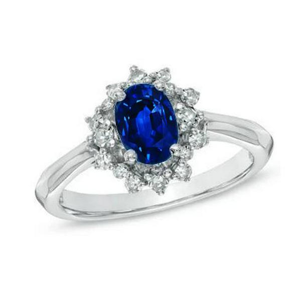 3 CT Sri Lankan Sapphire with Diamonds Ring, 14K White Gold - Size 6.5