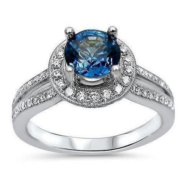 5 CT Round Cut Ceylon Sapphire & Diamonds Ring, 14K White Gold - Size 6.5