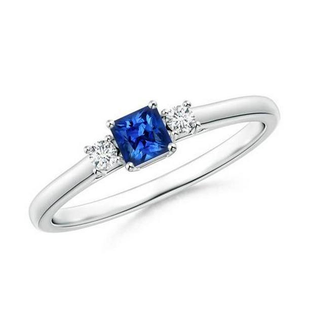 32971 1.65 CT Three Stone Ceylon Sapphire & Diamonds Ring, 14K White Gold - Size 6.5