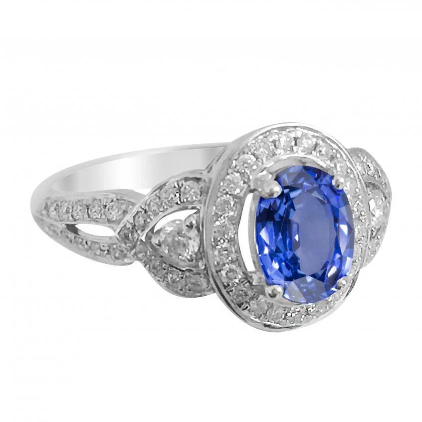 32985 3 CT Oval Cut Sri Lanka Sapphire & 14K White Gold Diamond Ring, Size 6.5