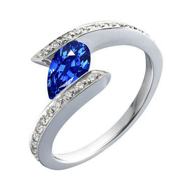 32992 2.10 CT Pear Cut Sri Lanka Sapphire Diamond Ring, 14K White Gold - Size 6.5