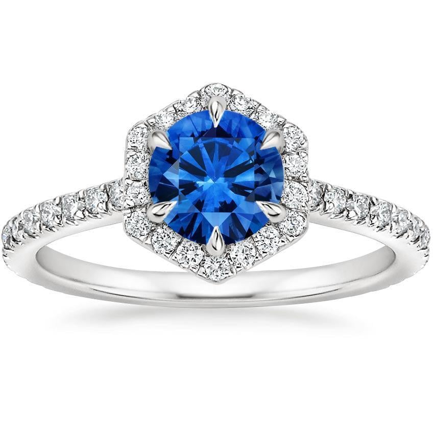 1.70 CT 14K White Gold Round Sri Lanka Sapphire Diamond Ring, Size 6.5