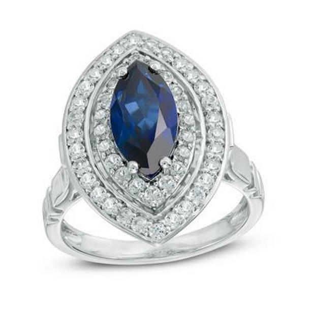 37871 White Gold Sri Lanka Sapphire Diamonds 3 CT Ring, White Gold - Size 6.5