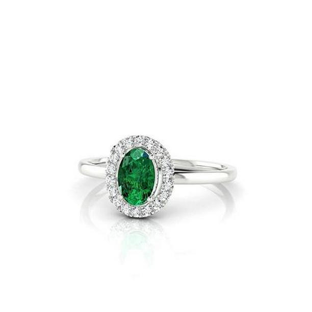 37901 14K White Gold 3.70 CT Green Emerald with White Diamonds Ring, Size 6.5