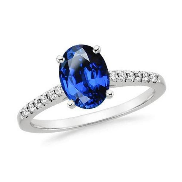 38093 2 CT Oval Sri Lanka Blue Sapphire Diamond Ring, 14K White Gold - Size 6.5