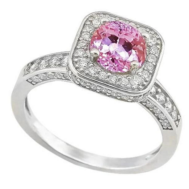 38134 Round 11.25 CT Pink Kunzite with Diamonds White Gold Ring, Size 6.5