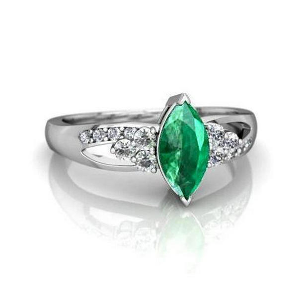 38309 Green Emerald with Diamonds 2.75 CT Engagement Ring, 14K White Gold - Size 6.5