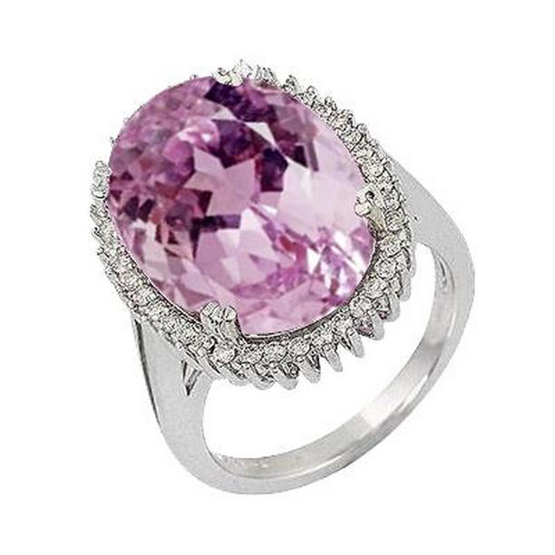 38318 12.40 CT Oval Pink Kunzite with Diamond Ring, 14K White Gold - Size 6.5