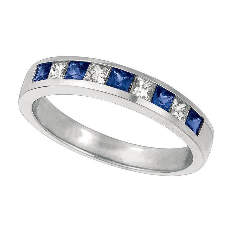 3836 Channel Setting 0.90 CT Sapphire & Princess Cut Diamond Ring, 14K White Gold - Size 6.5